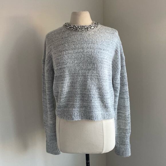 J. CREW Embellished Pullover Sweater Womens Sz Medium Grey Rhinestone Collar - Picture 1 of 6